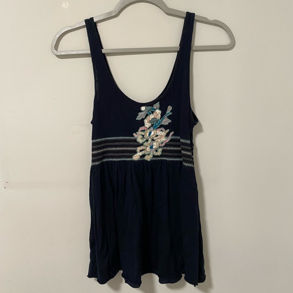 Free People Black Embroidered Babydoll Tank Top; Size: XS